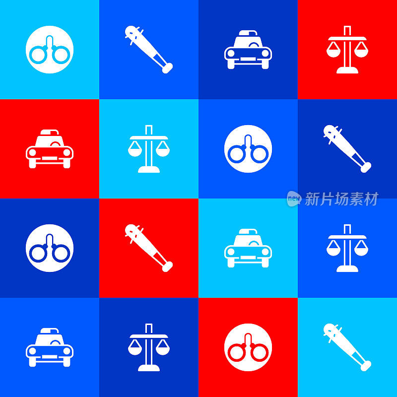 Set Handcuffs, Baseball bat with nails, Police car flasher and Scales of justice icon. Vector